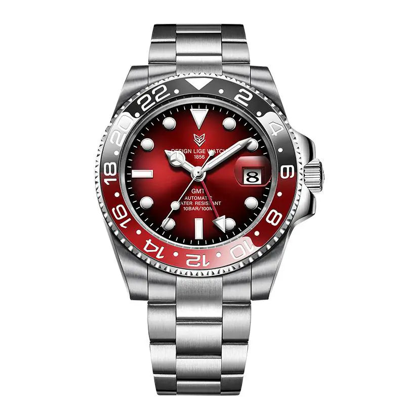 Montre Automatique LIGE Design GMT – Cadran Rouge & Lunette Bicolore "Coke"