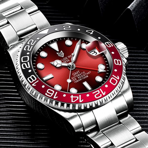 Montre Automatique LIGE Design GMT – Cadran Rouge & Lunette Bicolore "Coke"