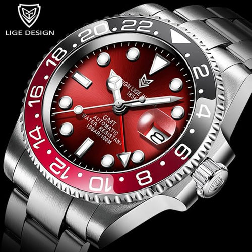 Montre Automatique LIGE Design GMT – Cadran Rouge & Lunette Bicolore "Coke"